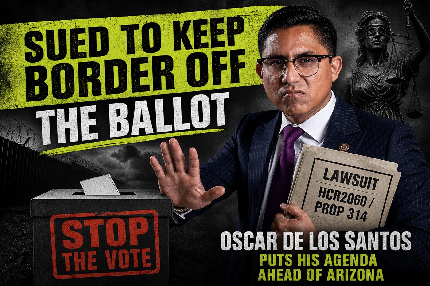 Editorial illustration: Oscar De Los Santos sued to block HCR2060 border measure