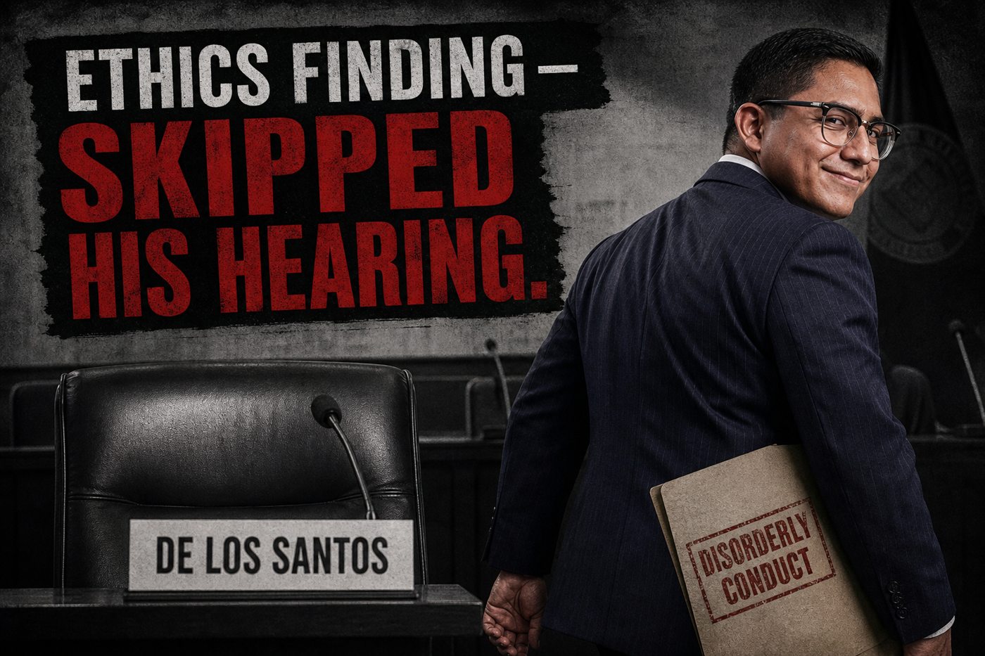 Editorial illustration: Oscar De Los Santos ethics finding and skipped hearing