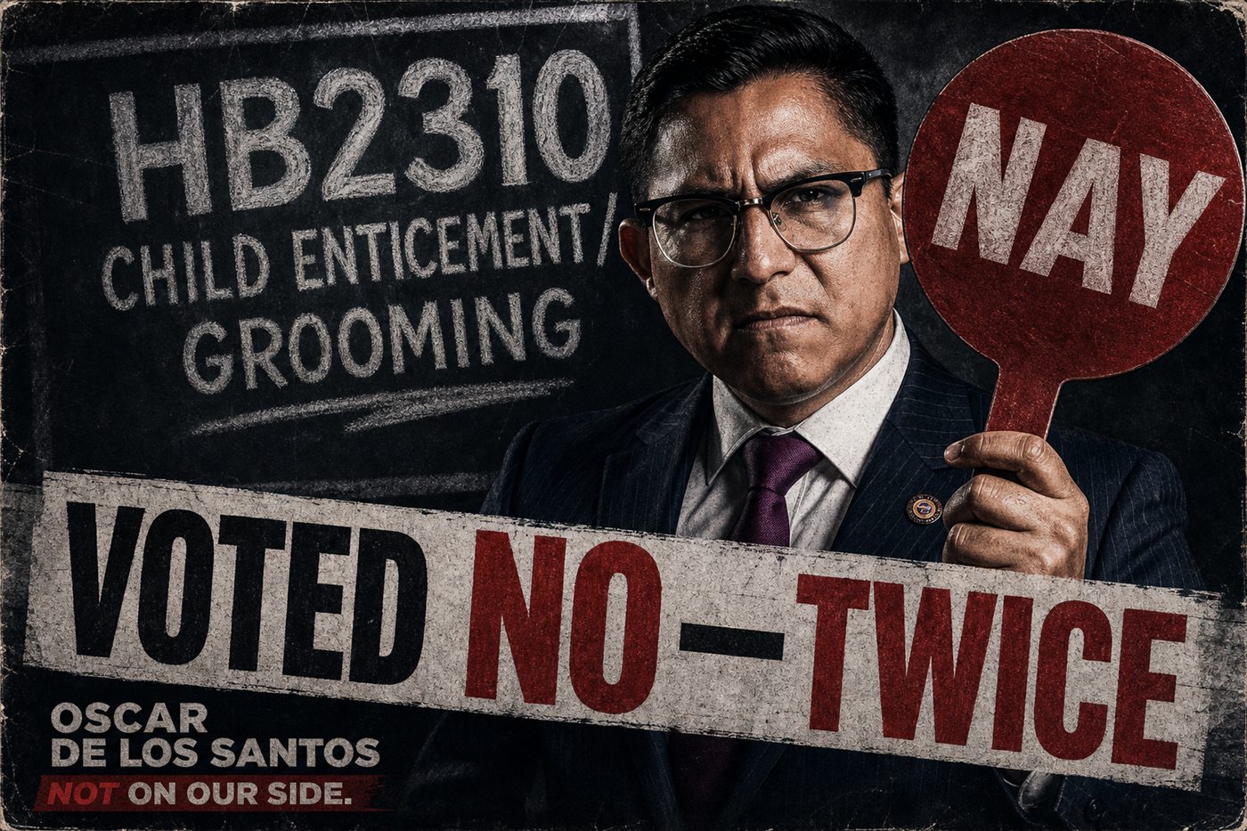 Editorial illustration: Oscar De Los Santos voted Nay twice on HB2310 grooming and child enticement