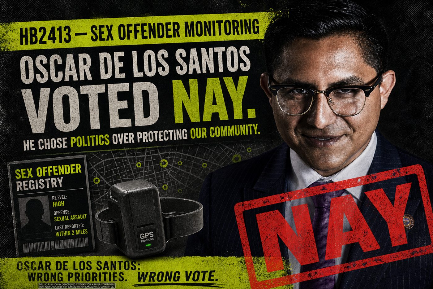 Editorial illustration: Oscar De Los Santos stamped NAY on HB2413 sex offender monitoring