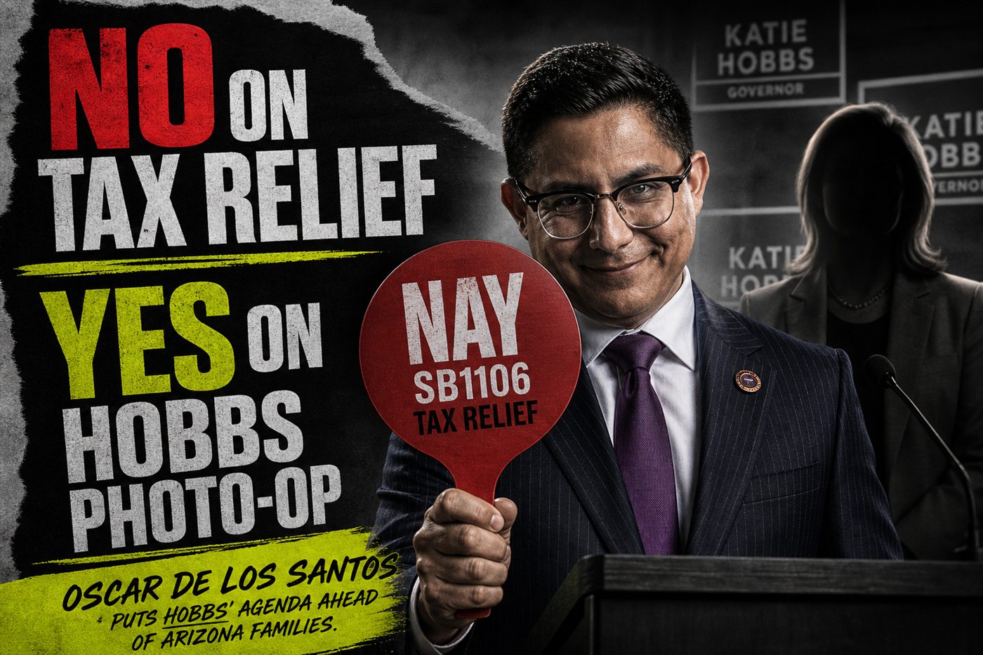 Editorial illustration: Oscar De Los Santos Nay on tax relief then Hobbs photo-op